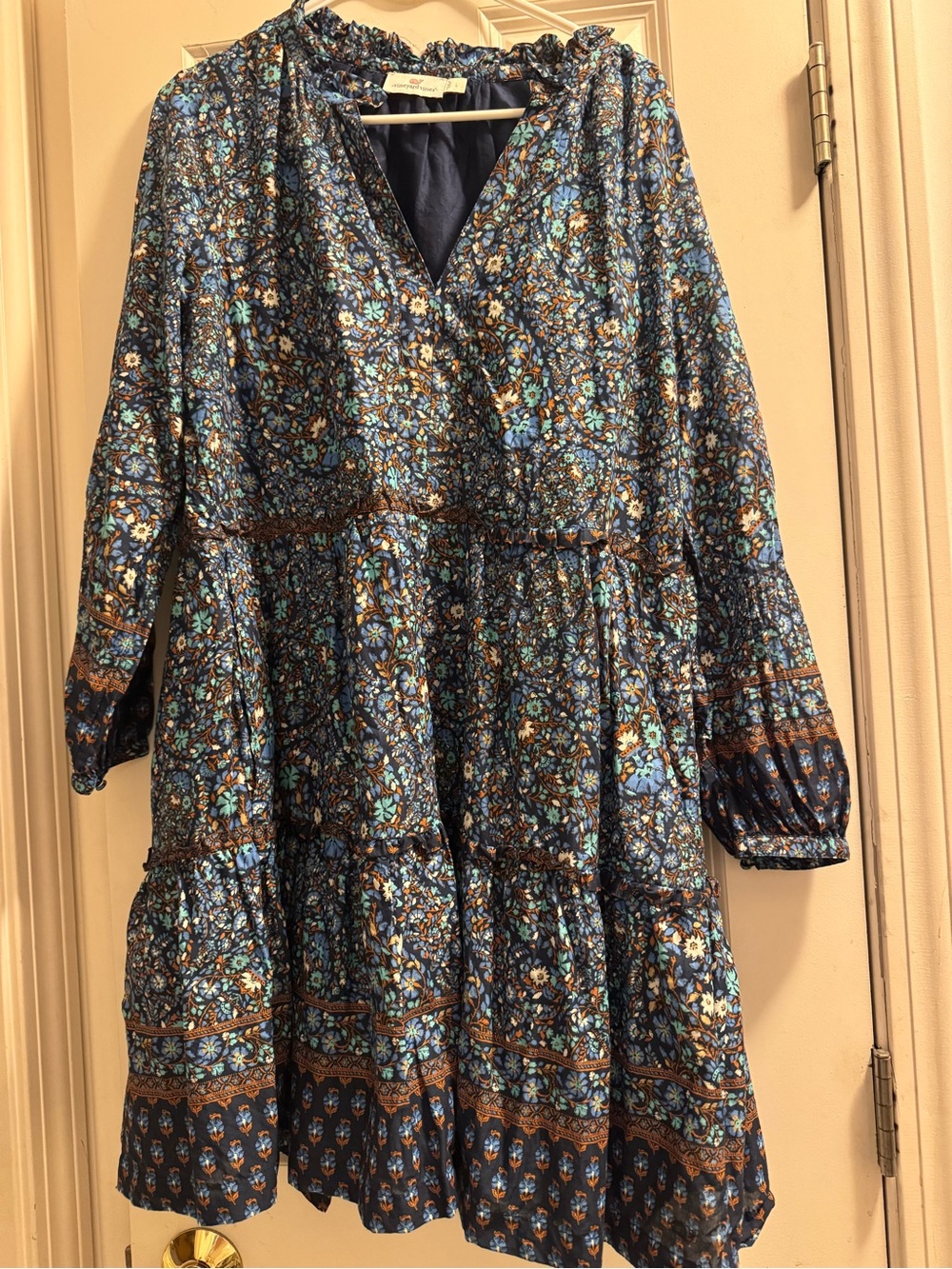 Vineyard Vines Fenwick Paisley Tiered Dress Navy Floral Size L Lined Vneck
